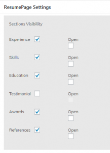 Resume page sections