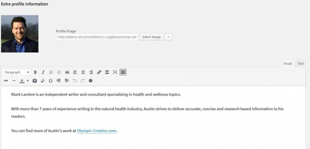 author photo and bio at Wordpess dashboard